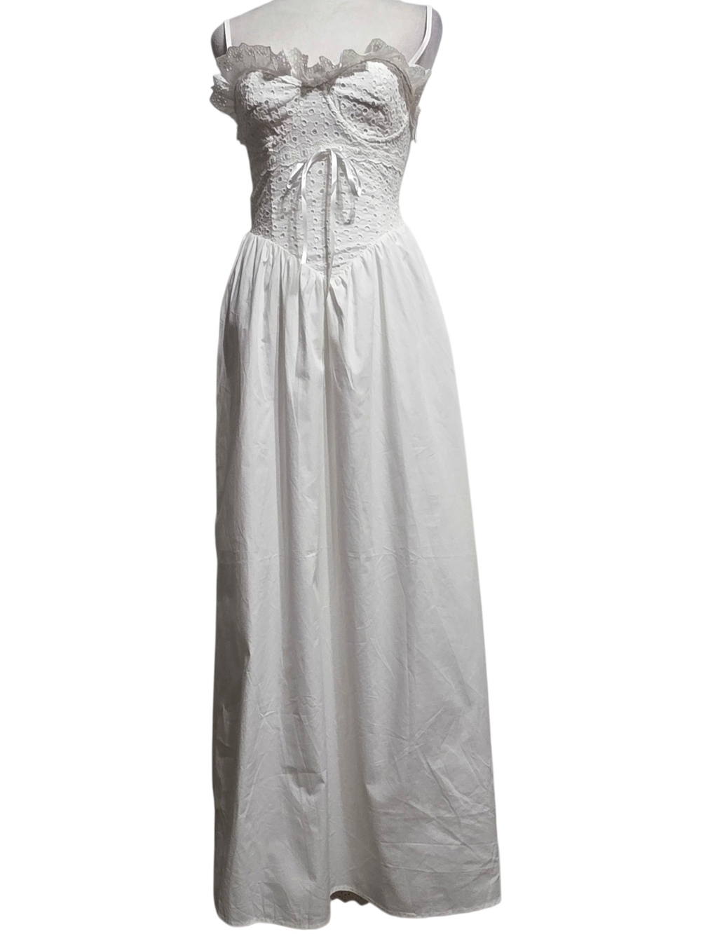 NWT More To Come White Eyelet Corset Maxi Dress Cottagecore Prairie Boho Romance